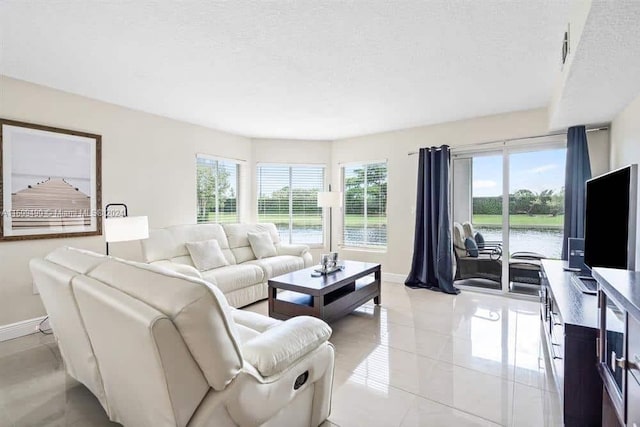 living room with a textured ceiling