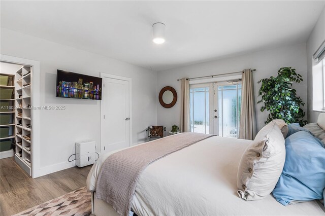 bedroom with hardwood / wood-style flooring, a walk in closet, access to outside, and a closet