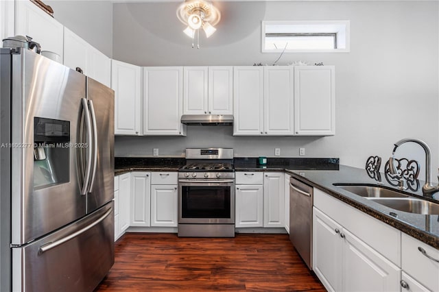 kitchen with white cabinets, dark hardwood / wood-style floors, sink, and stainless steel appliances