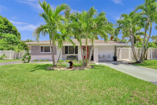 ranch-style house with a garage and a front lawn