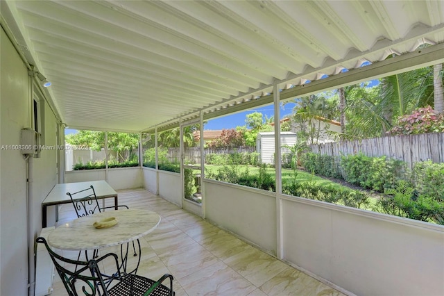 view of patio with a shed