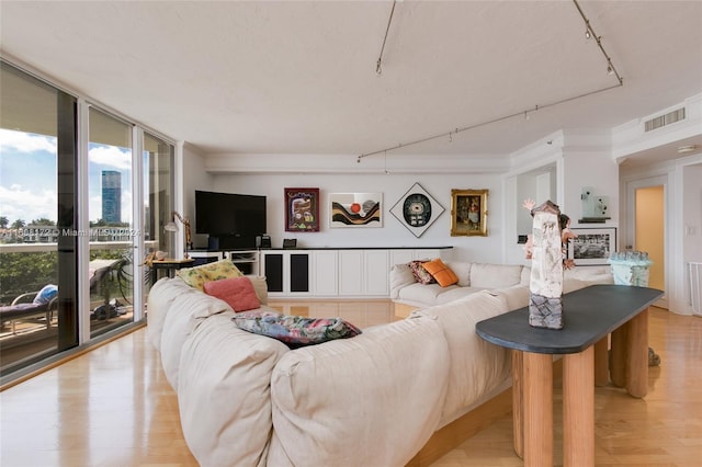 living room with track lighting, ornamental molding, floor to ceiling windows, and light wood-type flooring