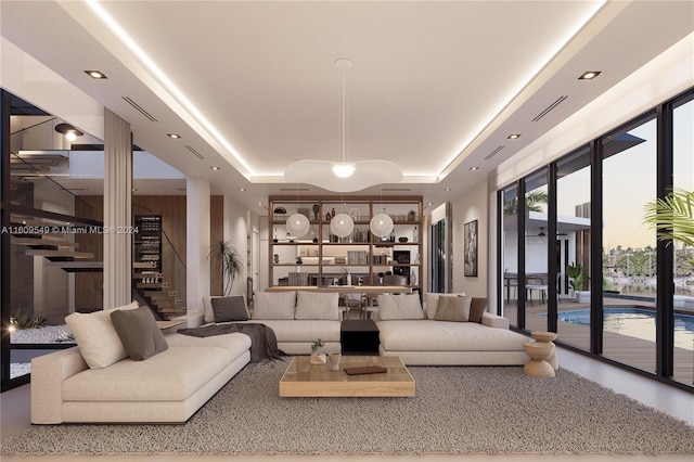 living room featuring a raised ceiling