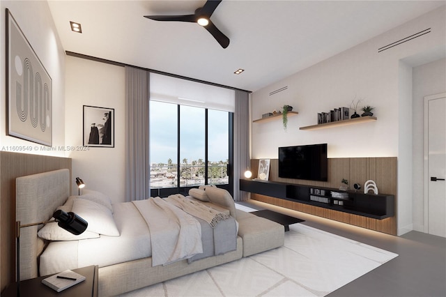 bedroom with ceiling fan and expansive windows