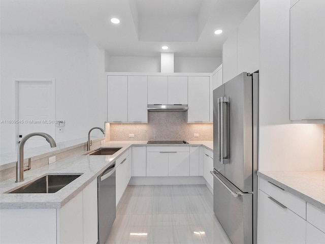 kitchen with backsplash, white cabinets, sink, light tile floors, and appliances with stainless steel finishes