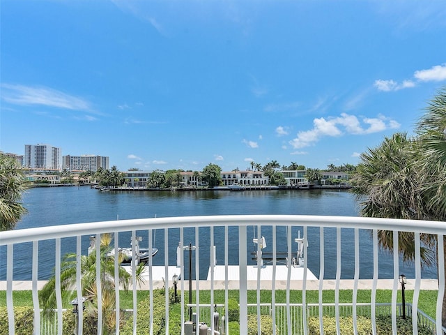 view of water feature with a dock