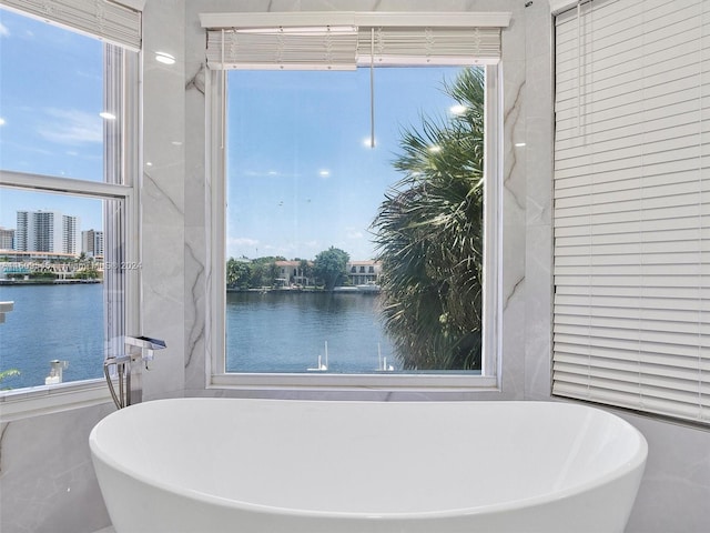 bathroom with a bath and a water view