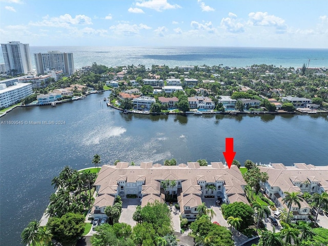 aerial view featuring a water view