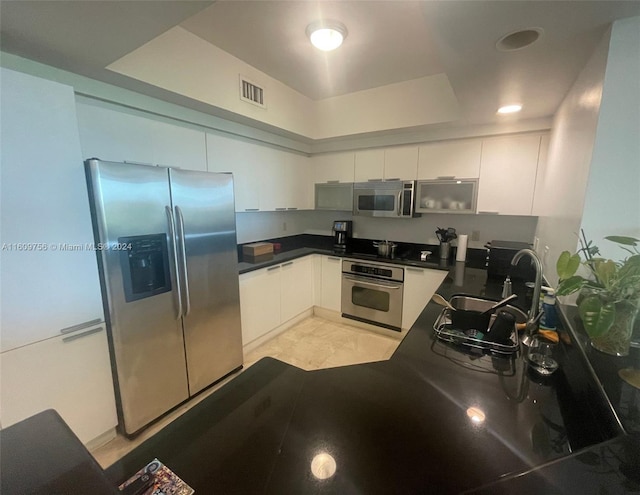 kitchen with sink, a raised ceiling, white cabinetry, and stainless steel appliances