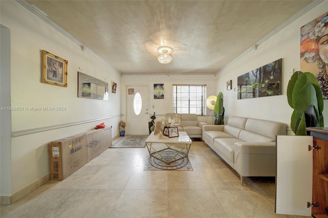 tiled living room featuring crown molding