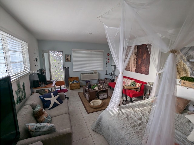 tiled living room with an AC wall unit