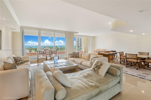 tiled living room with floor to ceiling windows and ornamental molding