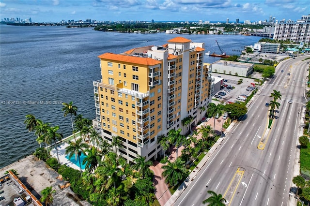 aerial view featuring a water view