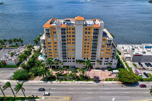 drone / aerial view with a water view