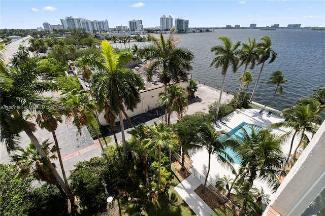 bird's eye view with a water view