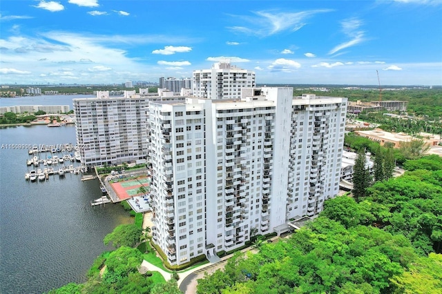 bird's eye view with a water view