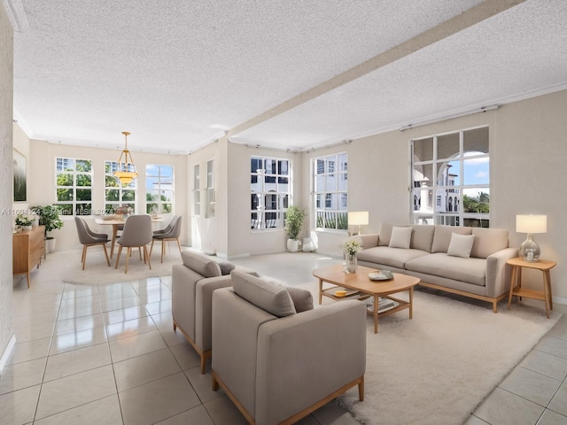 tiled living room featuring a textured ceiling and ornamental molding