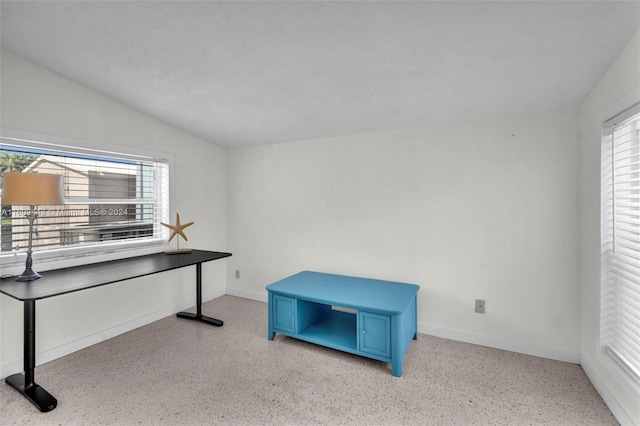 home office featuring vaulted ceiling