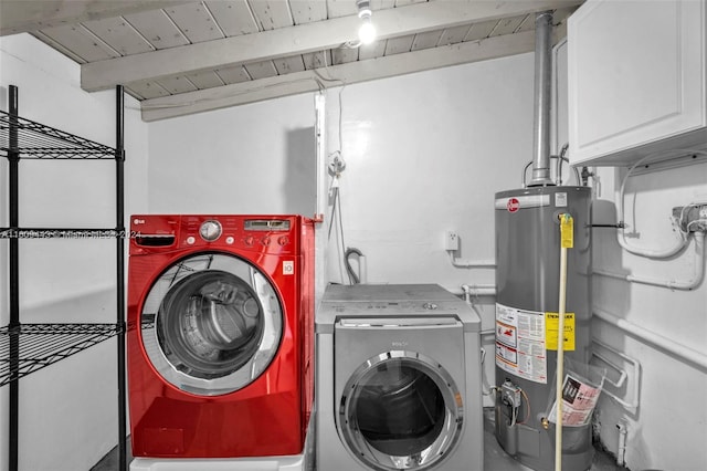 washroom featuring cabinets, gas water heater, washing machine and clothes dryer, and wood ceiling