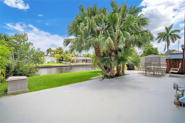 view of patio featuring a water view