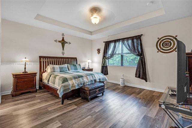 bedroom with hardwood / wood-style flooring and a tray ceiling