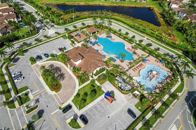 aerial view featuring a water view