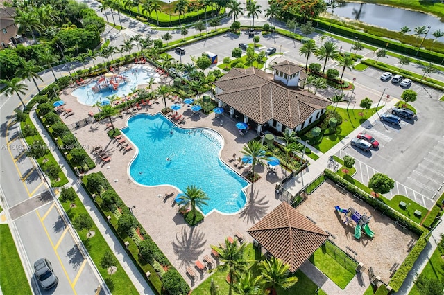 drone / aerial view featuring a water view