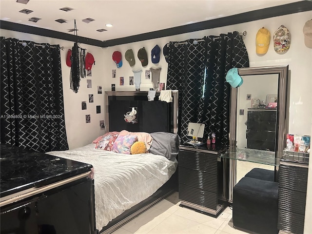 tiled bedroom featuring crown molding