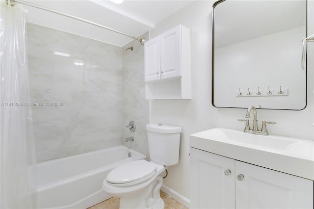 full bathroom featuring tiled shower / bath combo, toilet, and vanity