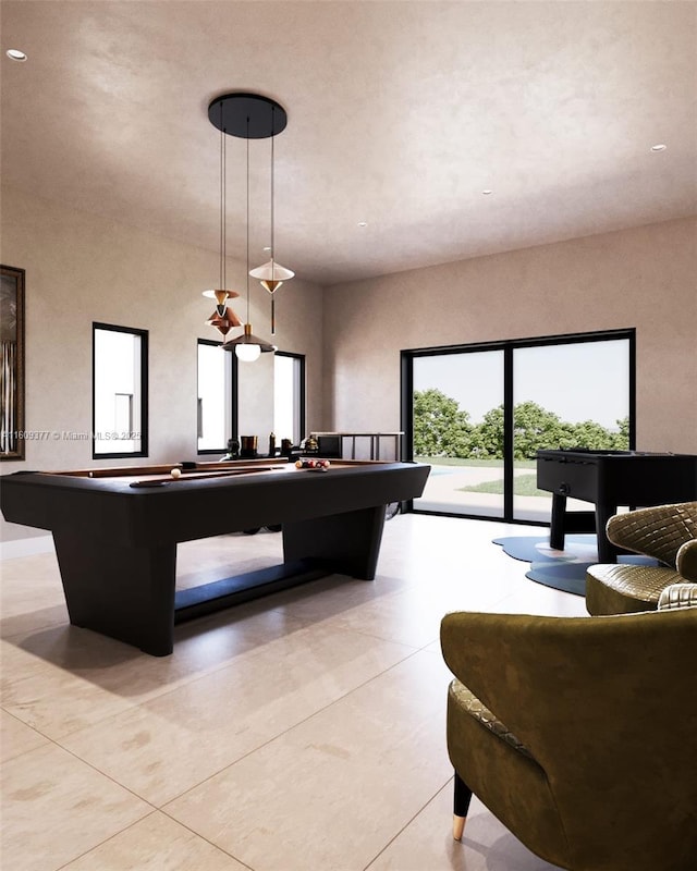 living room featuring a towering ceiling and pool table