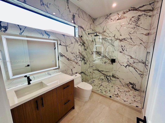 12231 SW 2nd St, Plantation, FL 33325 - full bath featuring a marble finish shower, toilet, vanity, marble tiled flooring, and tile walls