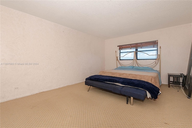 carpeted bedroom with a textured ceiling