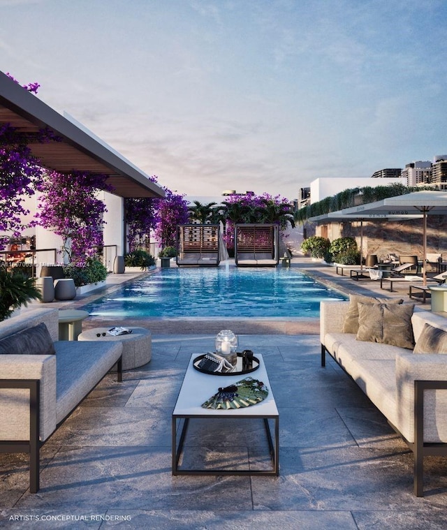 view of pool with an outdoor living space, a patio area, and pool water feature