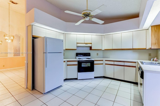 kitchen with white cabinetry, ceiling fan, pendant lighting, white appliances, and light tile patterned floors