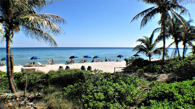 property view of water featuring a beach view