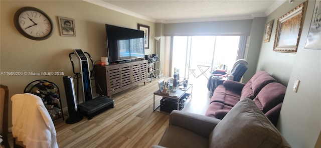 living room with light wood-type flooring and ornamental molding