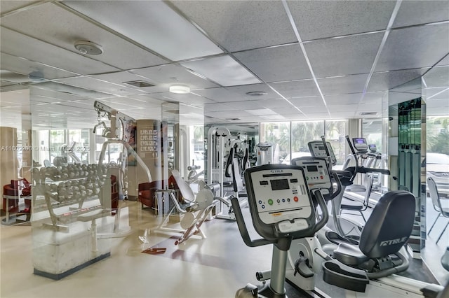 exercise room featuring a paneled ceiling and expansive windows