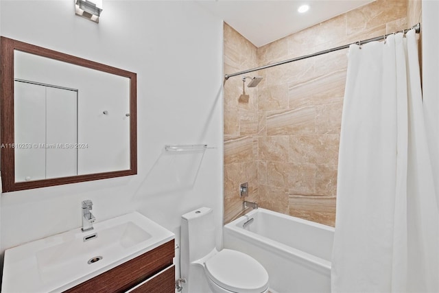 full bathroom with vanity, toilet, and shower / bathtub combination with curtain