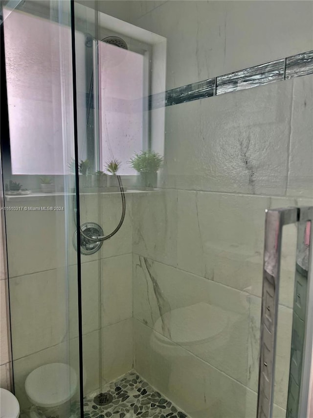 bathroom with toilet and walk in shower