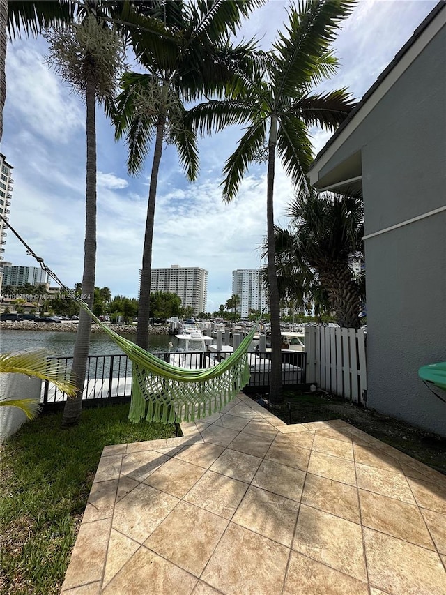 view of patio / terrace featuring a water view