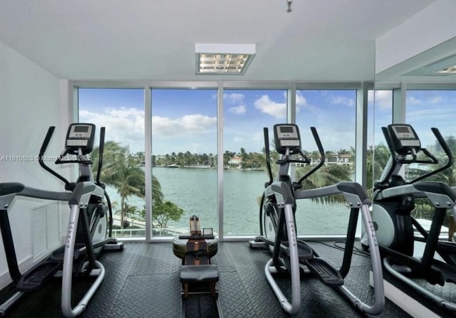 gym with a water view and a wall of windows