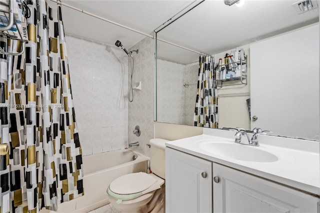 full bathroom with vanity, toilet, and shower / bath combo with shower curtain