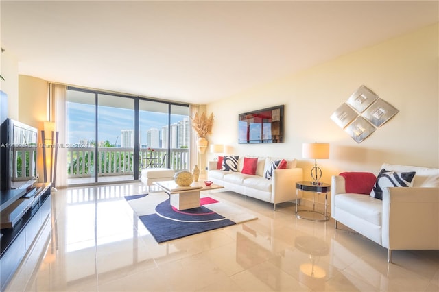 tiled living room with expansive windows