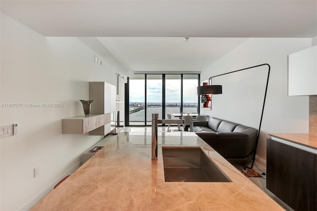 living room featuring expansive windows and a water view