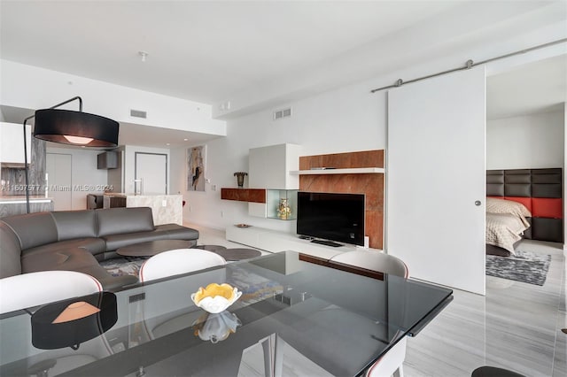 living room with a barn door