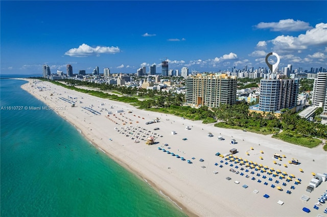 aerial view with a water view and a beach view