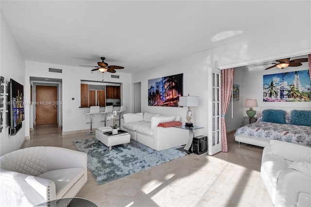 living room featuring ceiling fan