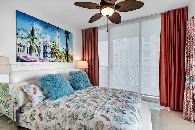 tiled bedroom featuring ceiling fan