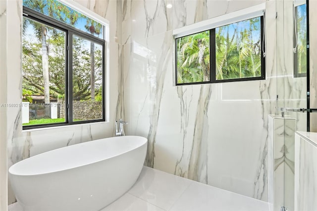 bathroom featuring plenty of natural light and a washtub