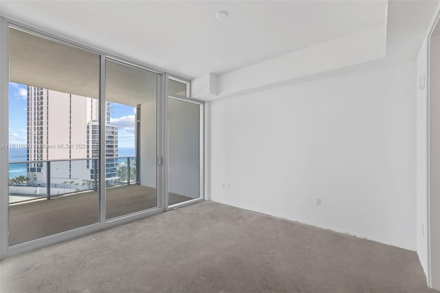 carpeted spare room with expansive windows and a water view